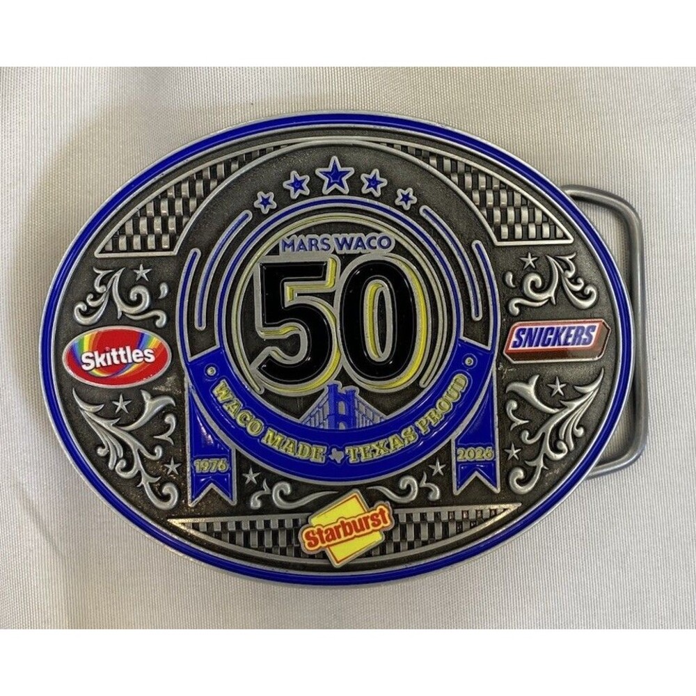 Mars Candy 50th Anniversary Belt Buckle 1976-2026 Skittles Snickers Starburst